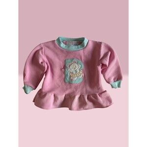 Vintage Tiny Tots Baby Girls Sweatshirt 18M Pink Teddy Bear Ribbed Peplum